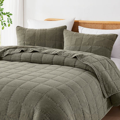 Logan Stone Washed Cotton Quilt 3 Piece Set - Sand, Faded Olive