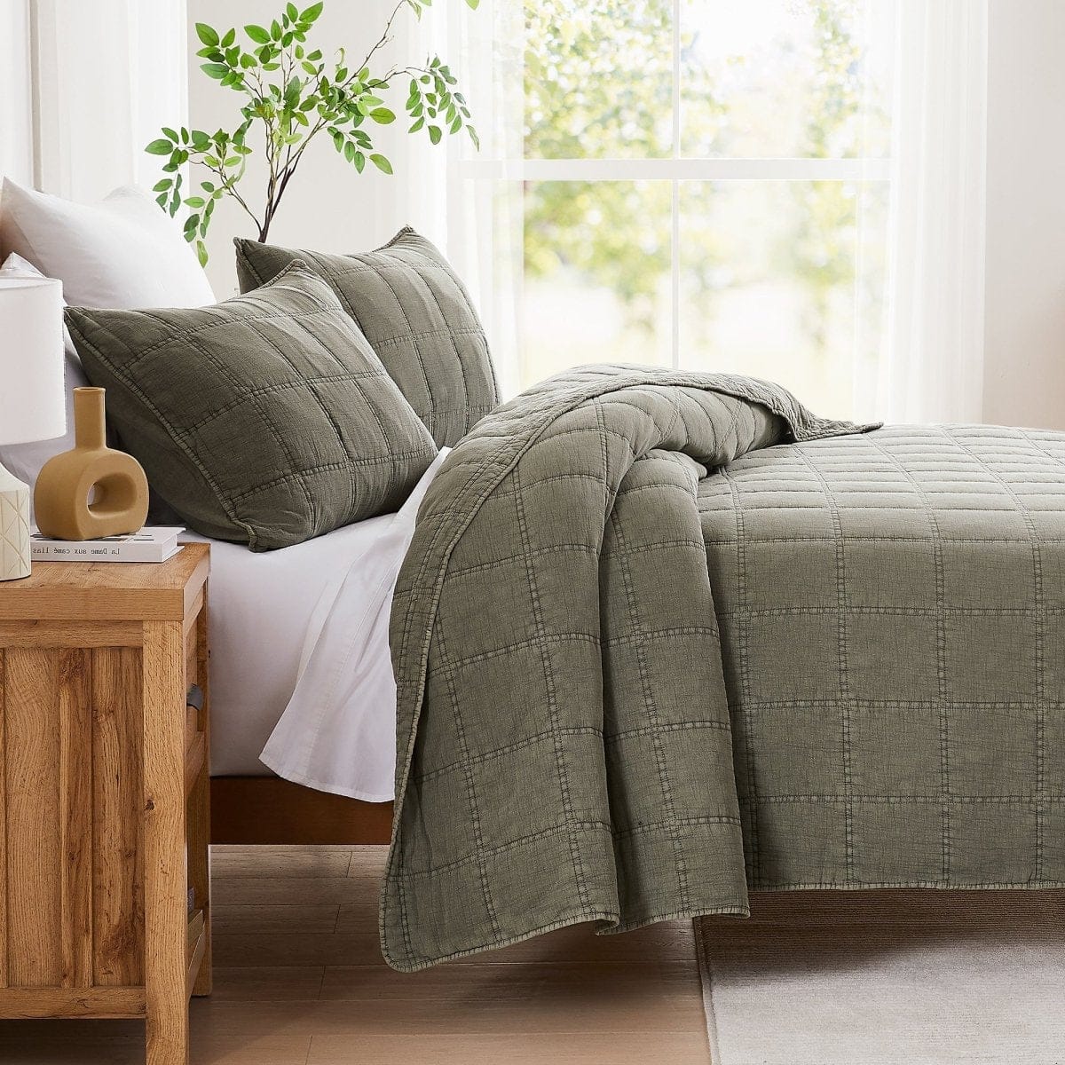 Logan Stone Washed Cotton Quilt 3 Piece Set - Sand, Faded Olive