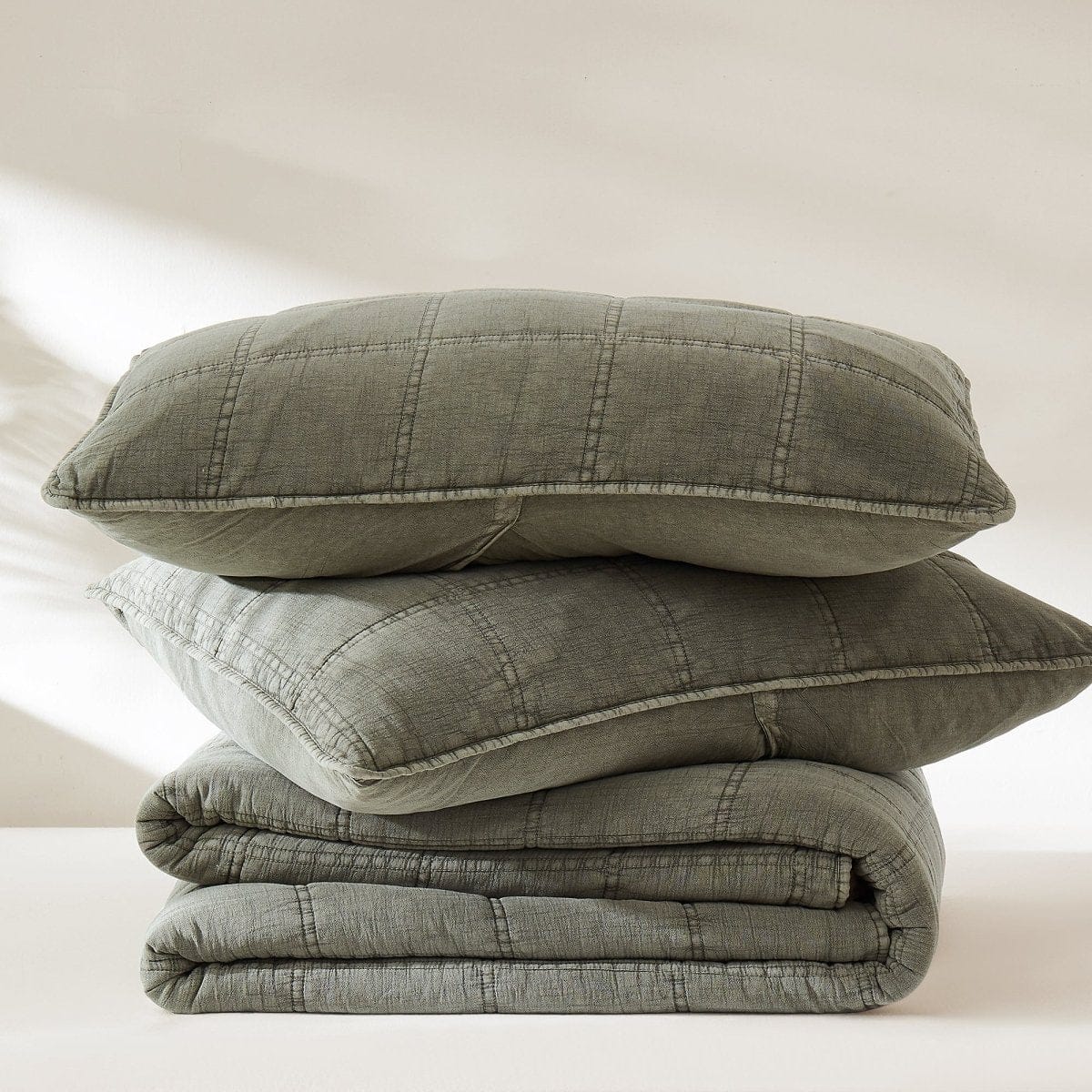 Logan Stone Washed Cotton Quilt 3 Piece Set - Sand, Faded Olive