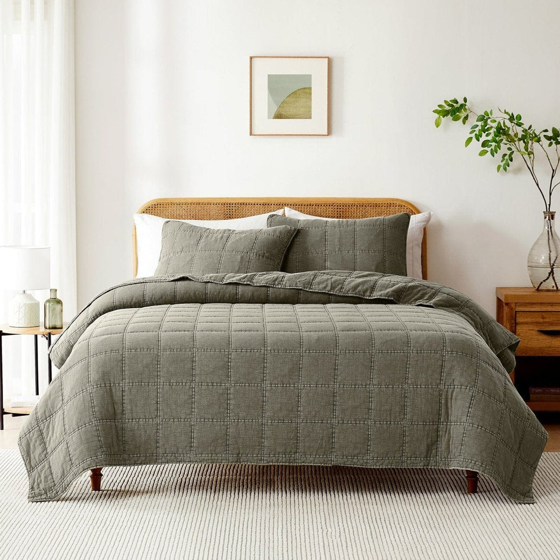 Logan Stone Washed Cotton Quilt 3 Piece Set - Sand, Faded Olive