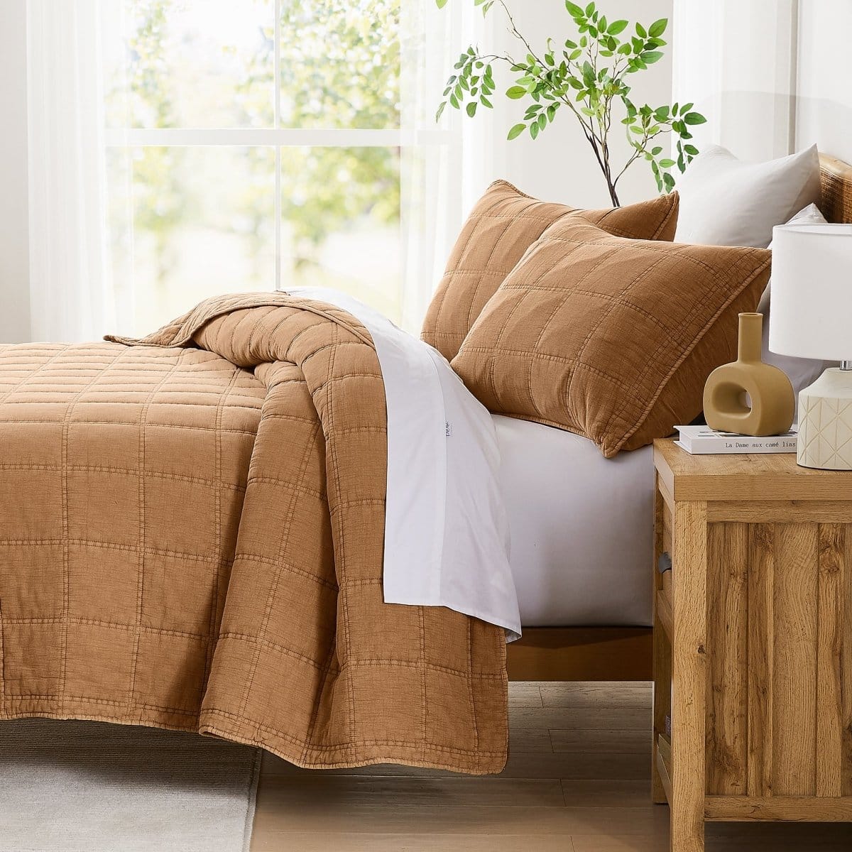 Logan Stone Washed Cotton Quilt 3 Piece Set - Sand, Faded Olive