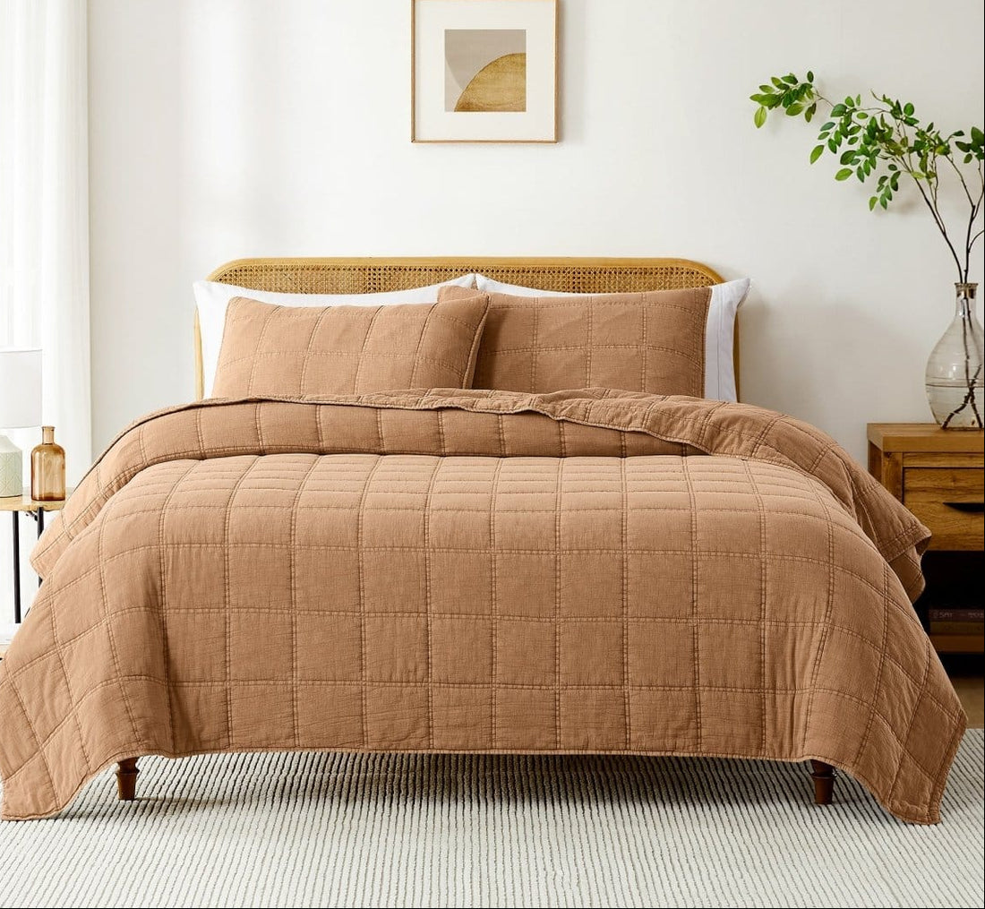 Logan Stone Washed Cotton Quilt 3 Piece Set - Sand, Faded Olive