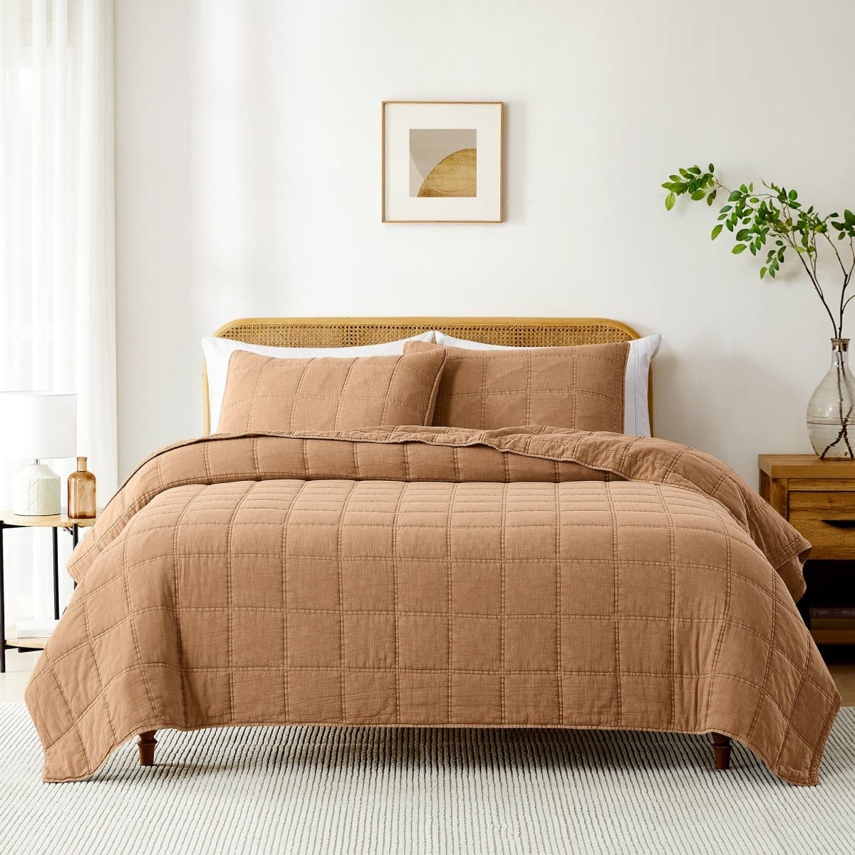 Logan Stone Washed Cotton Quilt 3 Piece Set - Sand, Faded Olive