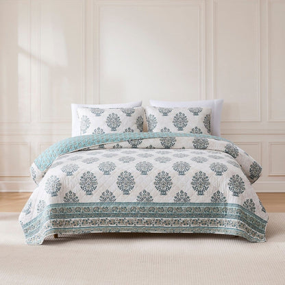 Sofia Flower Block Bouquet Reversible Cotton Quilt 3Pc Set