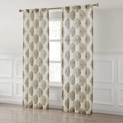 Sofia Flower Block Bouquet Linen Textured Window Curtain Panels