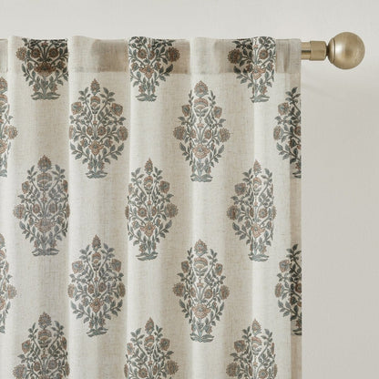 Sofia Flower Block Bouquet Linen Textured Window Curtain Panels