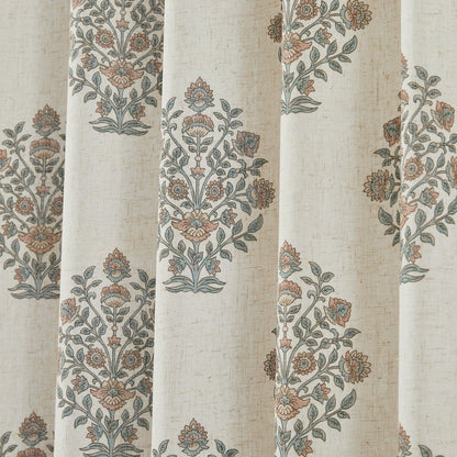 Sofia Flower Block Bouquet Linen Textured Window Curtain Panels
