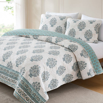 Sofia Flower Block Bouquet Reversible Cotton Quilt 3Pc Set