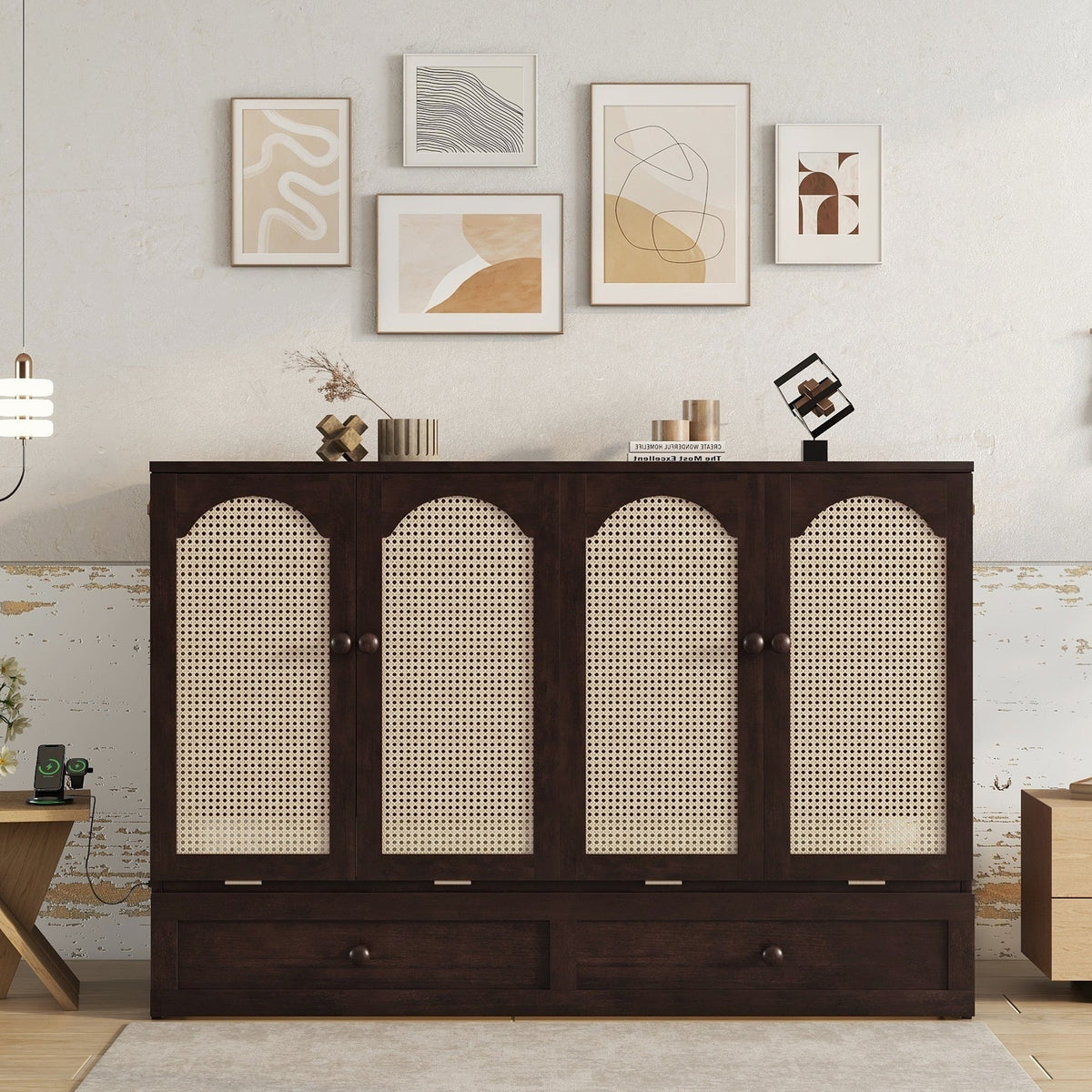 Queen Size Murphy Bed, Pine Wood with Power Station and Rattan Decoration Panel - Espresso