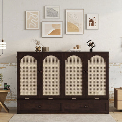 Queen Size Murphy Bed, Pine Wood with Power Station and Rattan Decoration Panel - Espresso