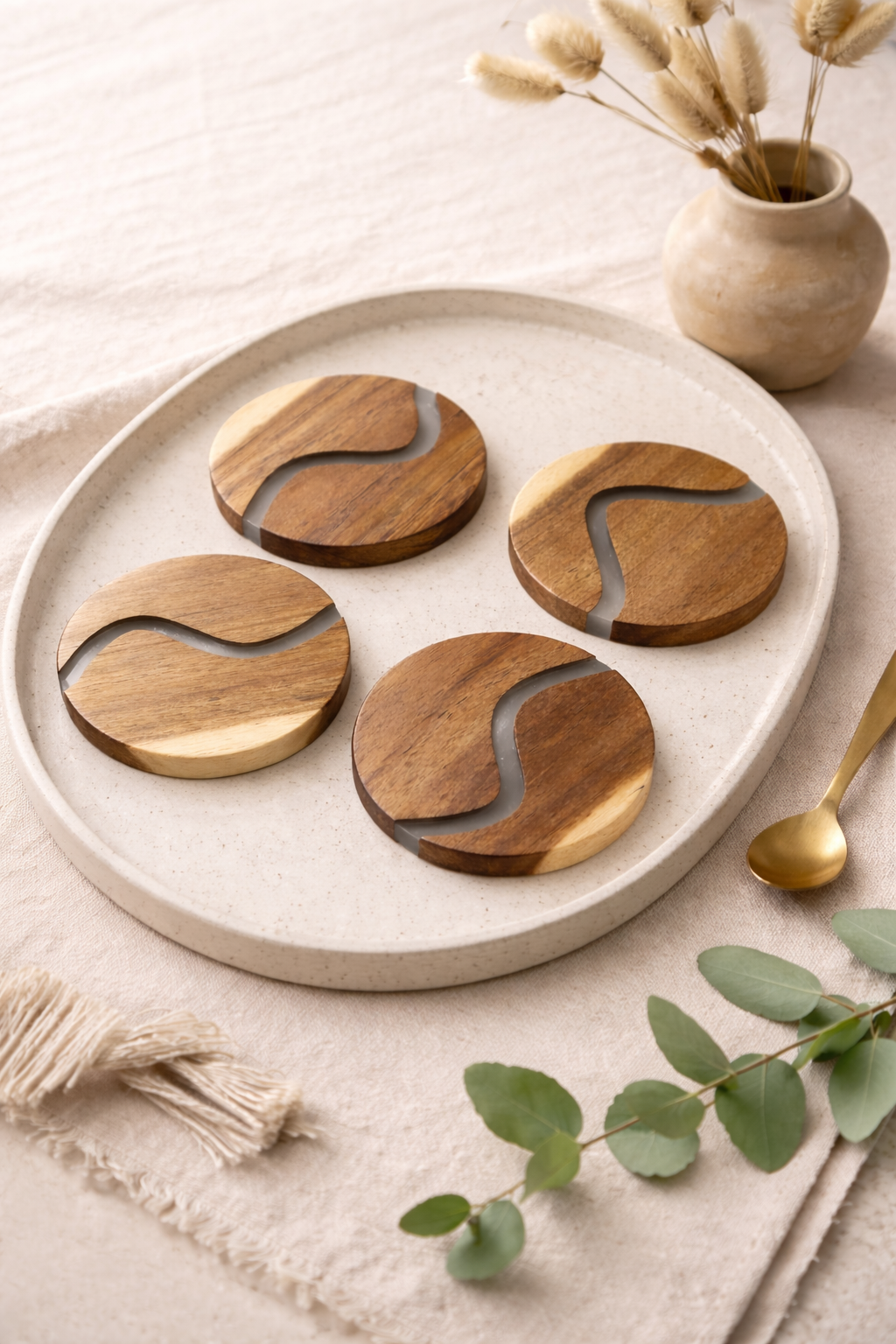 Wood &amp; Clear Resin Coasters Set of 4
