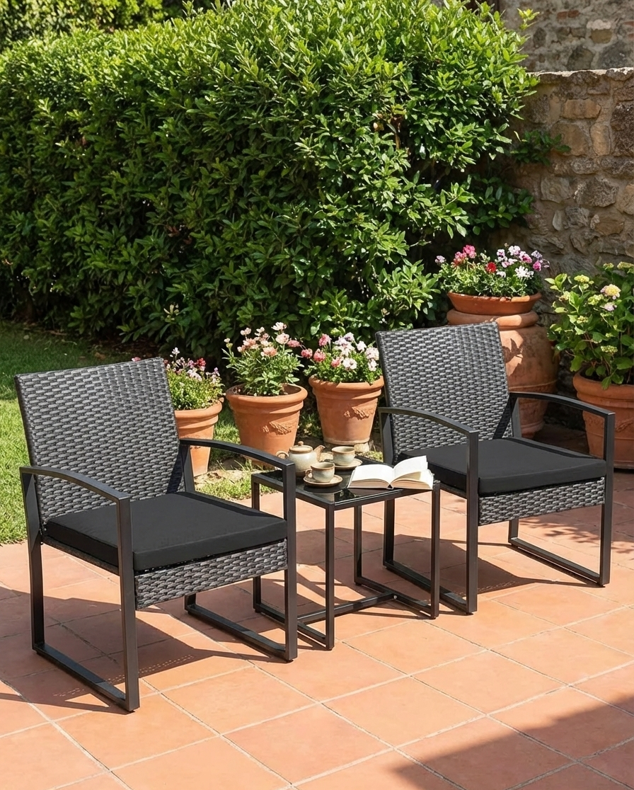 3-Piece Outdoor Patio Furniture Set – Wicker Chairs with Beige or Black Cushions