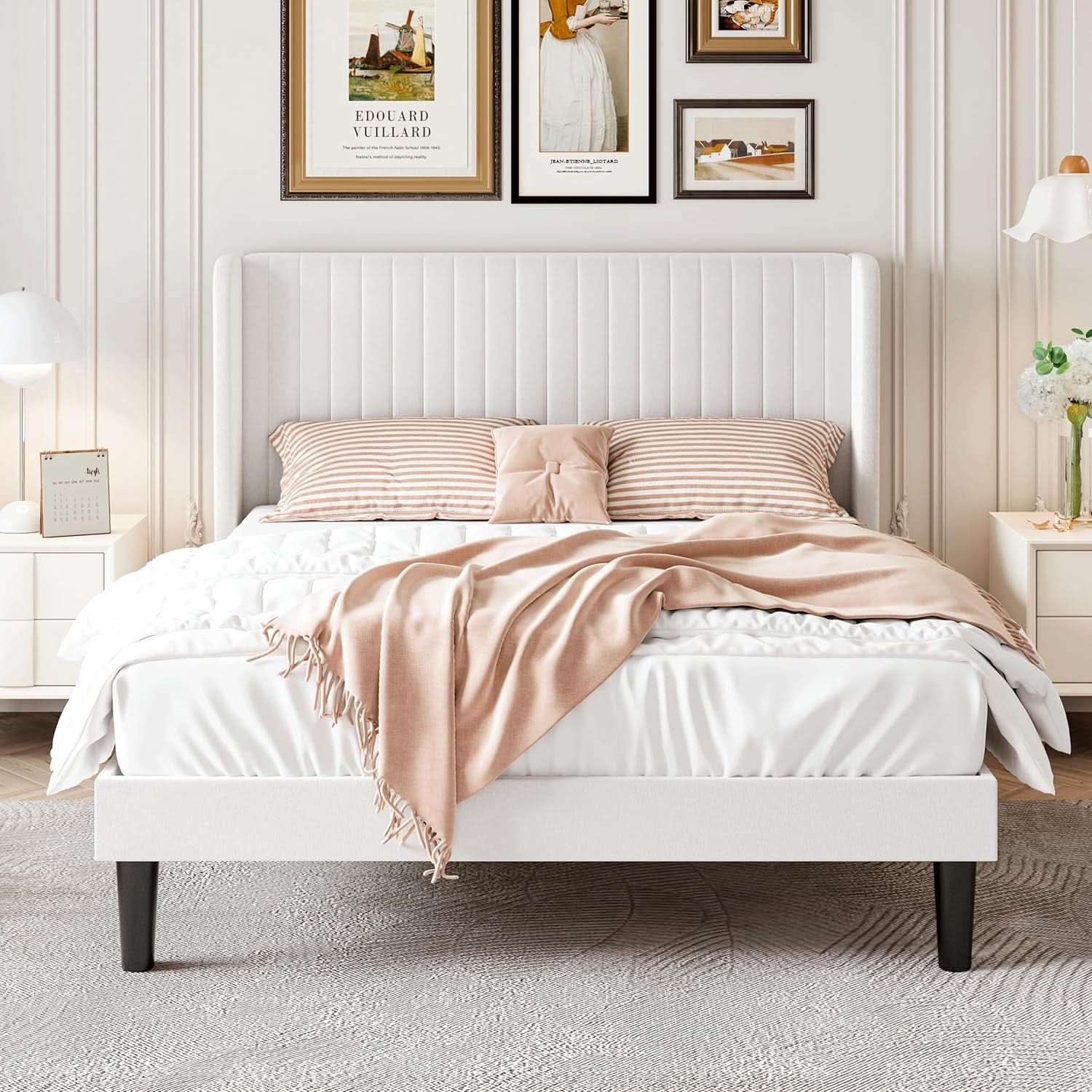 Upholstered Full Size Bed Frame With Wingback Headboard in White Velvet