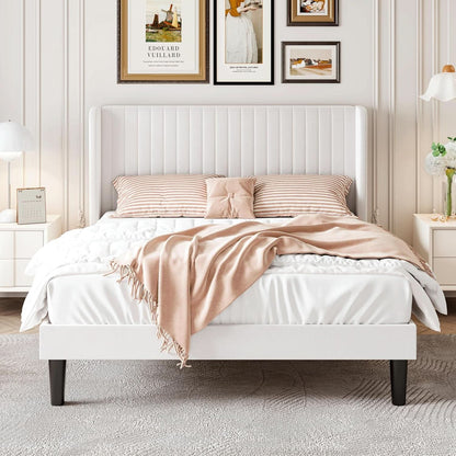 Upholstered Full Size Bed Frame With Wingback Headboard in White Velvet