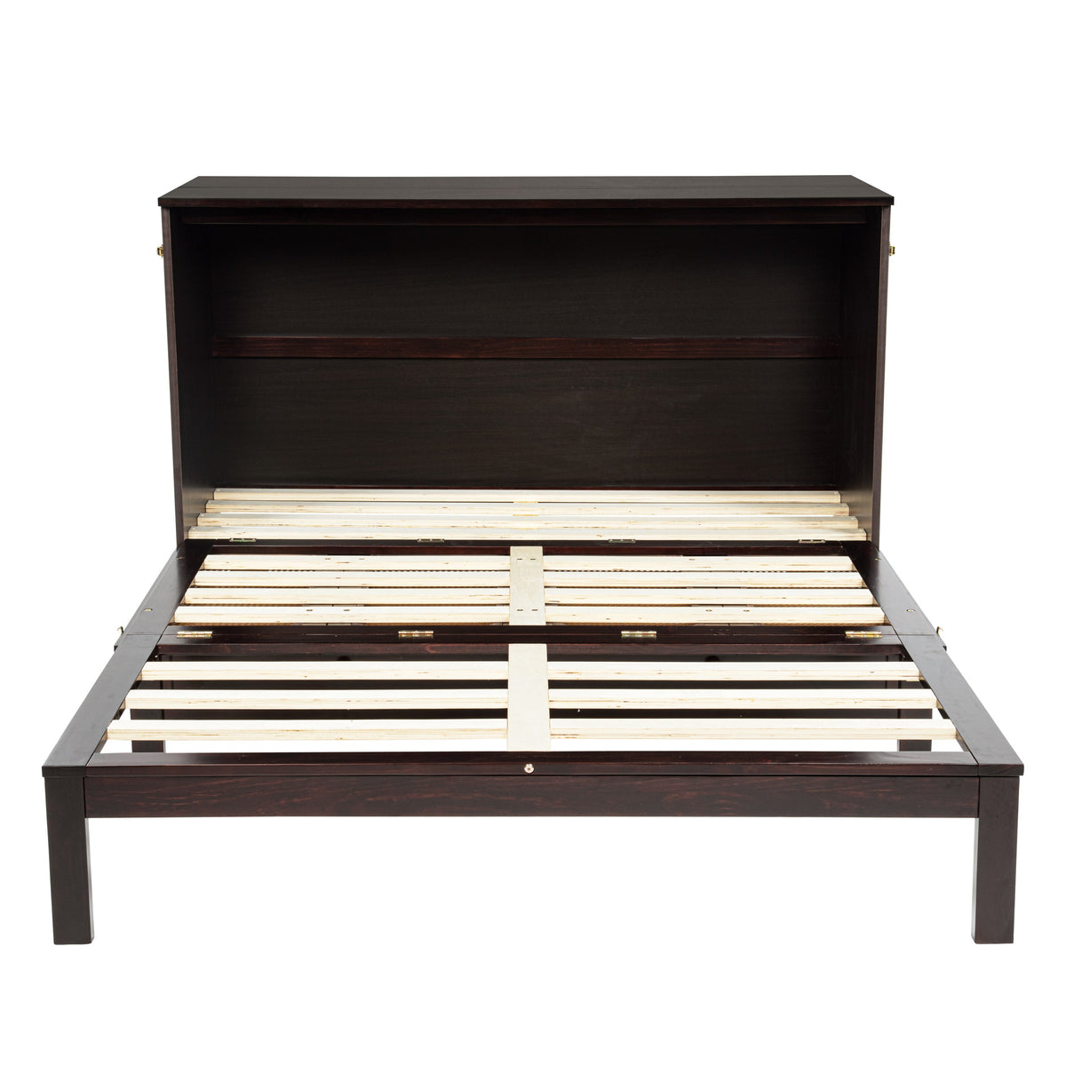 Queen Size Murphy Bed, Pine Wood with Power Station and Rattan Decoration Panel - Espresso