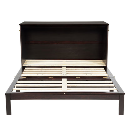Queen Size Murphy Bed, Pine Wood with Power Station and Rattan Decoration Panel - Espresso