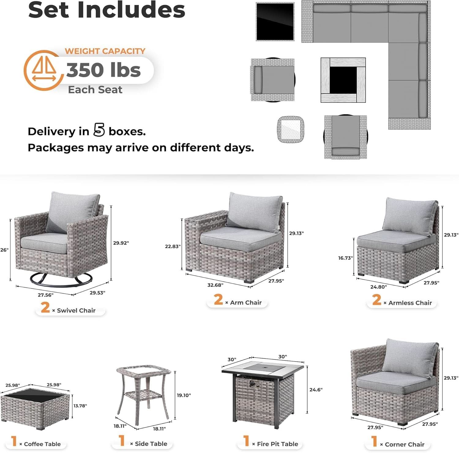 Modular Outdoor Wicker Sofa Set with Fire Pit - 10 Piece - Gray