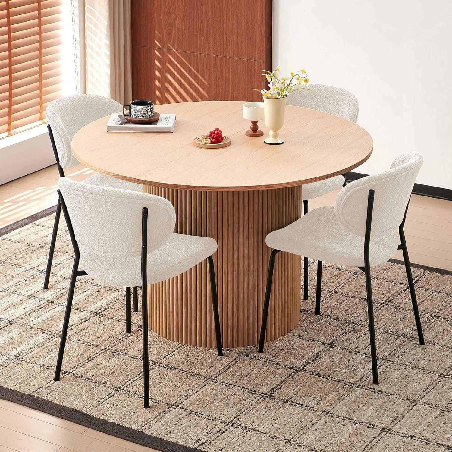 47 Inch Round Dining Table Set Beige Oak Boucle Padded Seating