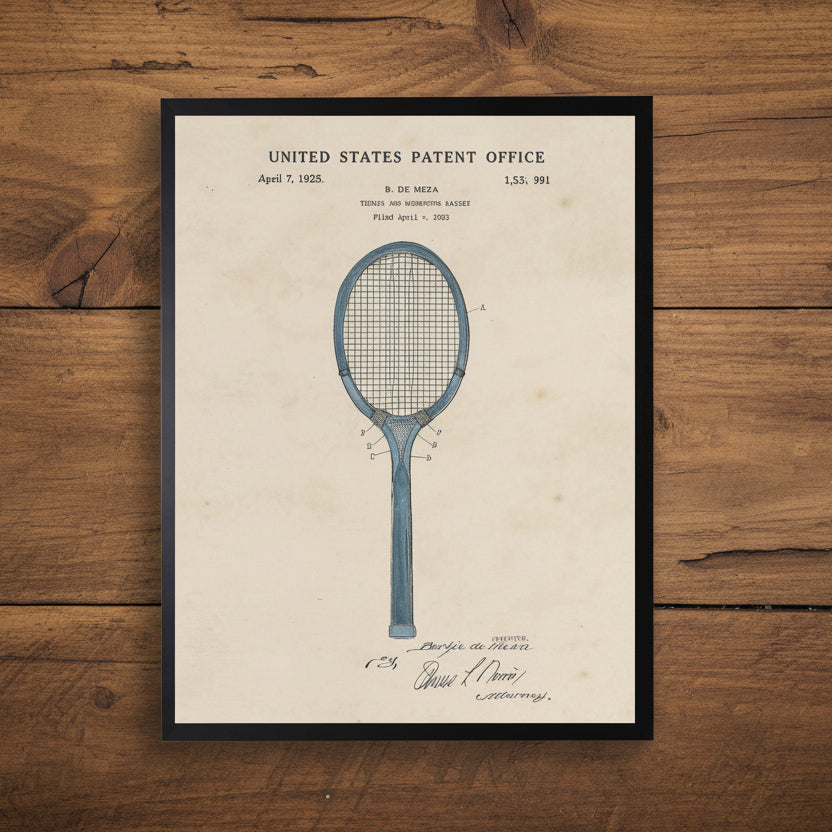 Tennis Racket Patent in Black Frame - 20 x 16 inch