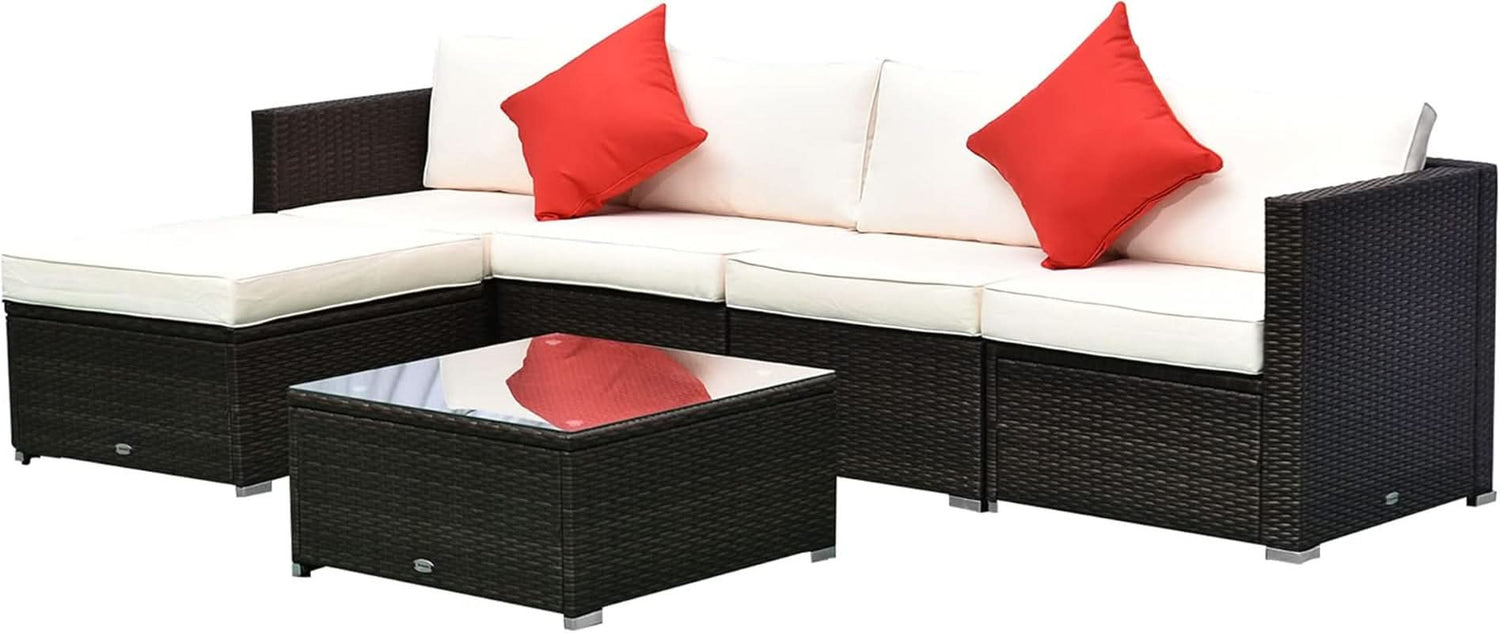 6 Piece Wicker Modular Sectional Set with Ottoman - Espresso/Cream