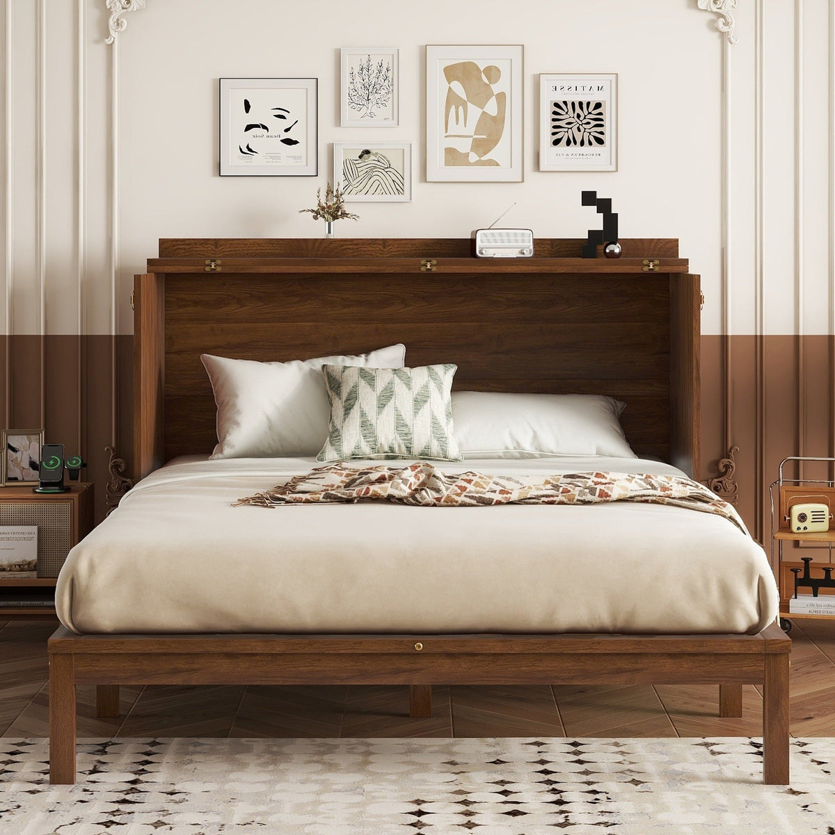 Queen Size Murphy Bed, Pine Wood with Power Station and Rattan Decoration Panel - Walnut