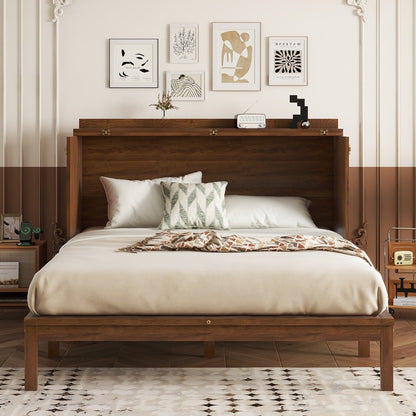 Queen Size Murphy Bed, Pine Wood with Power Station and Rattan Decoration Panel - Walnut