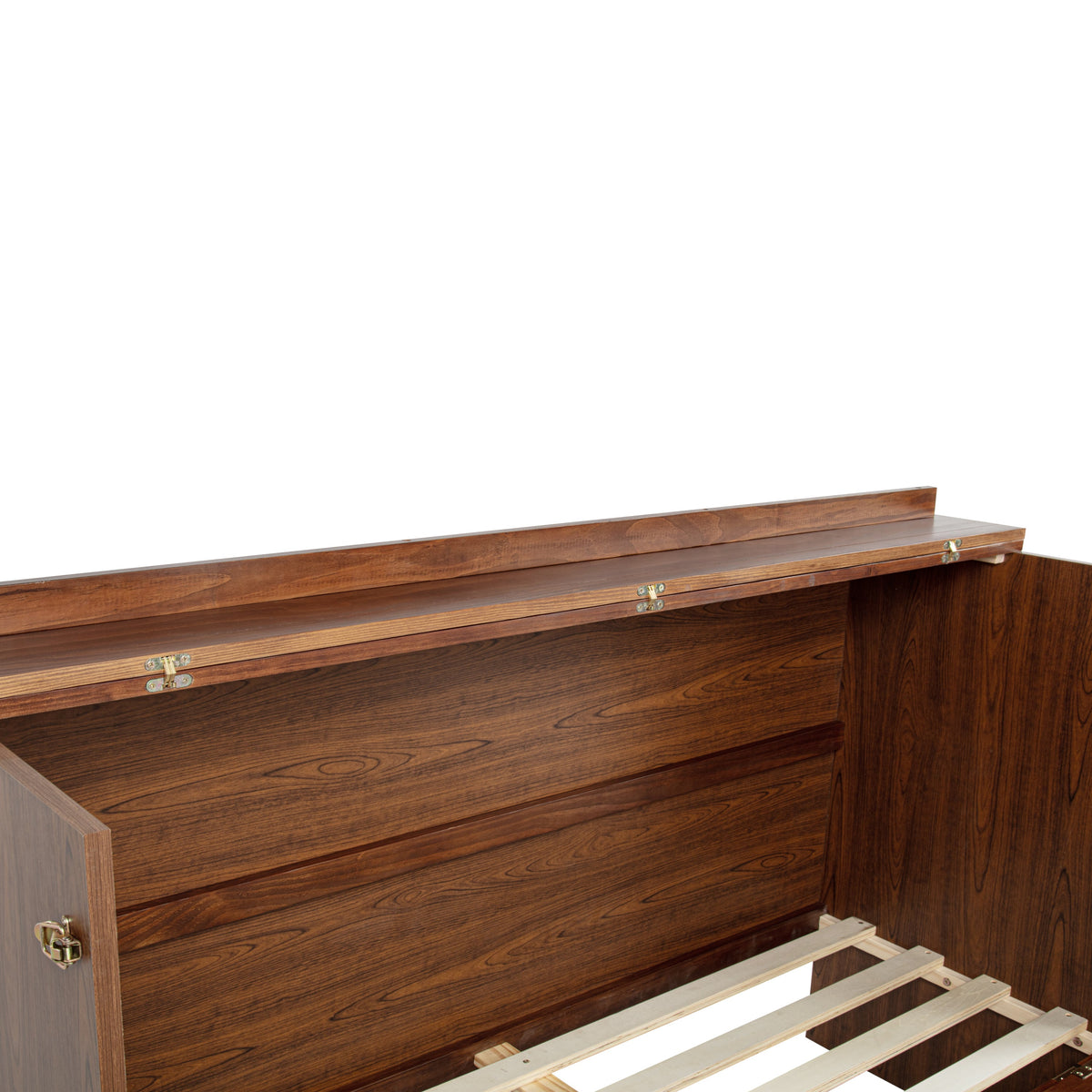 Queen Size Murphy Bed, Pine Wood with Power Station and Rattan Decoration Panel - Walnut