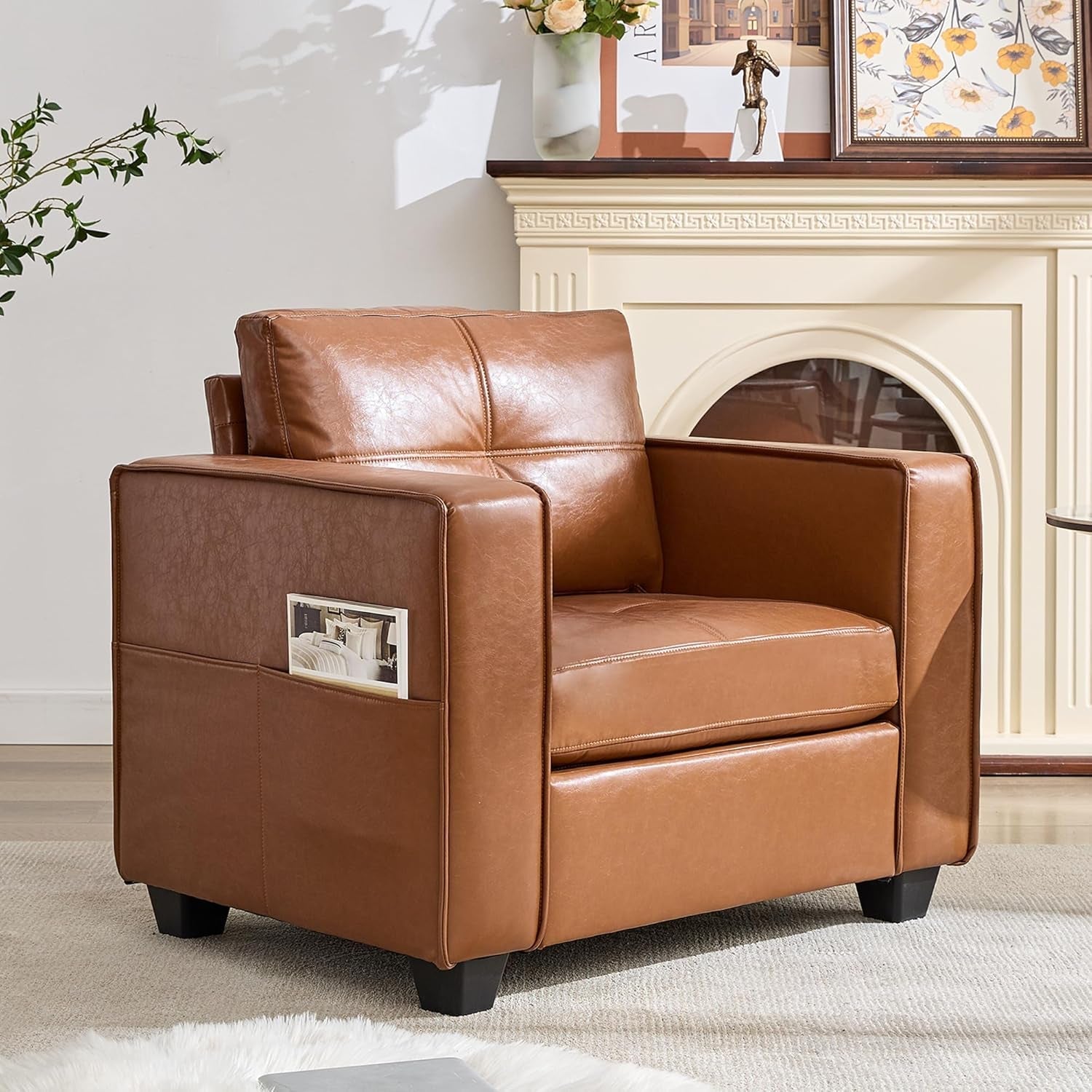Brown Faux Leather Upholstered Accent Chair
