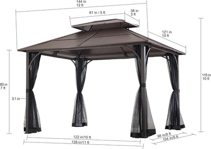 10x12 Dark Brown Hardtop Gazebo With Steel Frame And Netting