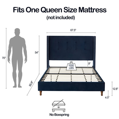 Peyton Upholstered Queen Bed in Blue Velvet