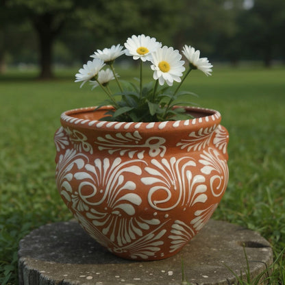 Handmade Talavera Flower Pot | Terracotta &amp; White Design