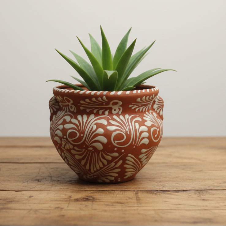 Handmade Talavera Flower Pot | Terracotta &amp; White Design