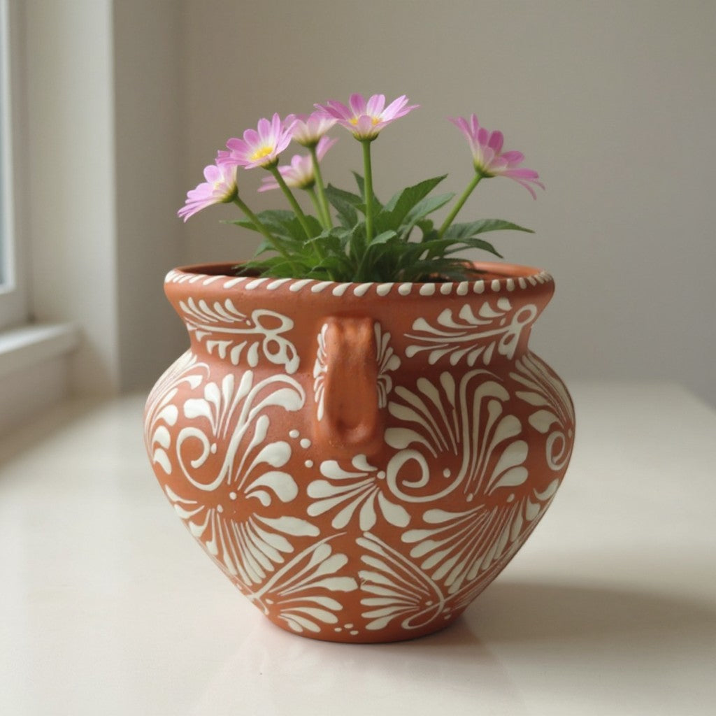Handmade Talavera Flower Pot | Terracotta &amp; White Design
