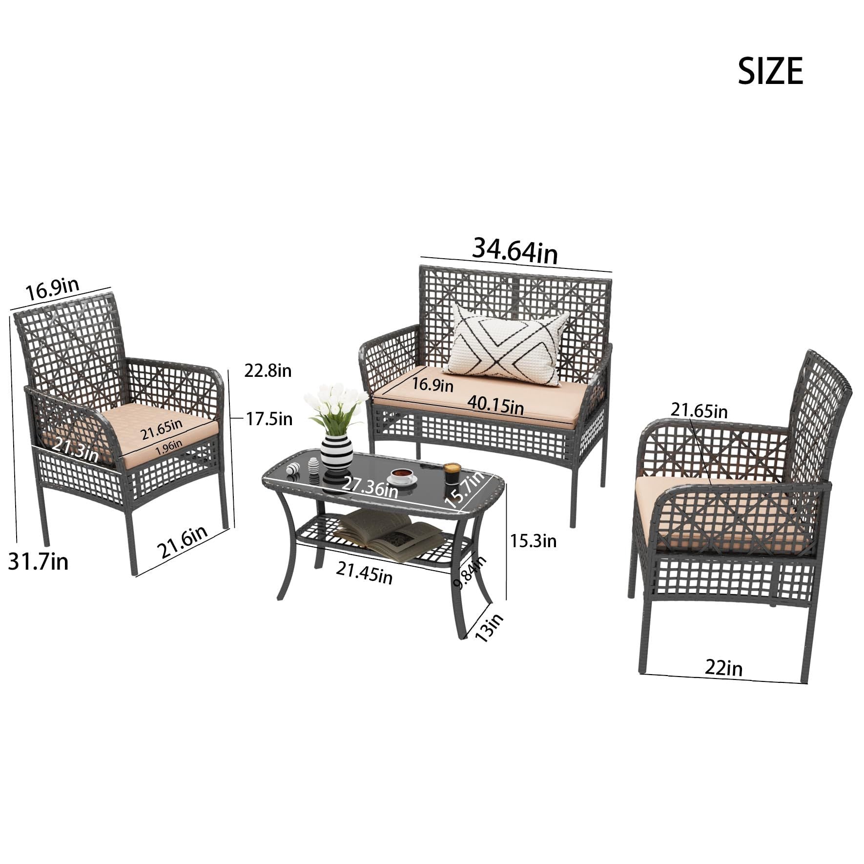 4 Pc Outdoor Rattan Patio Set - Grey with Apricot Cushions
