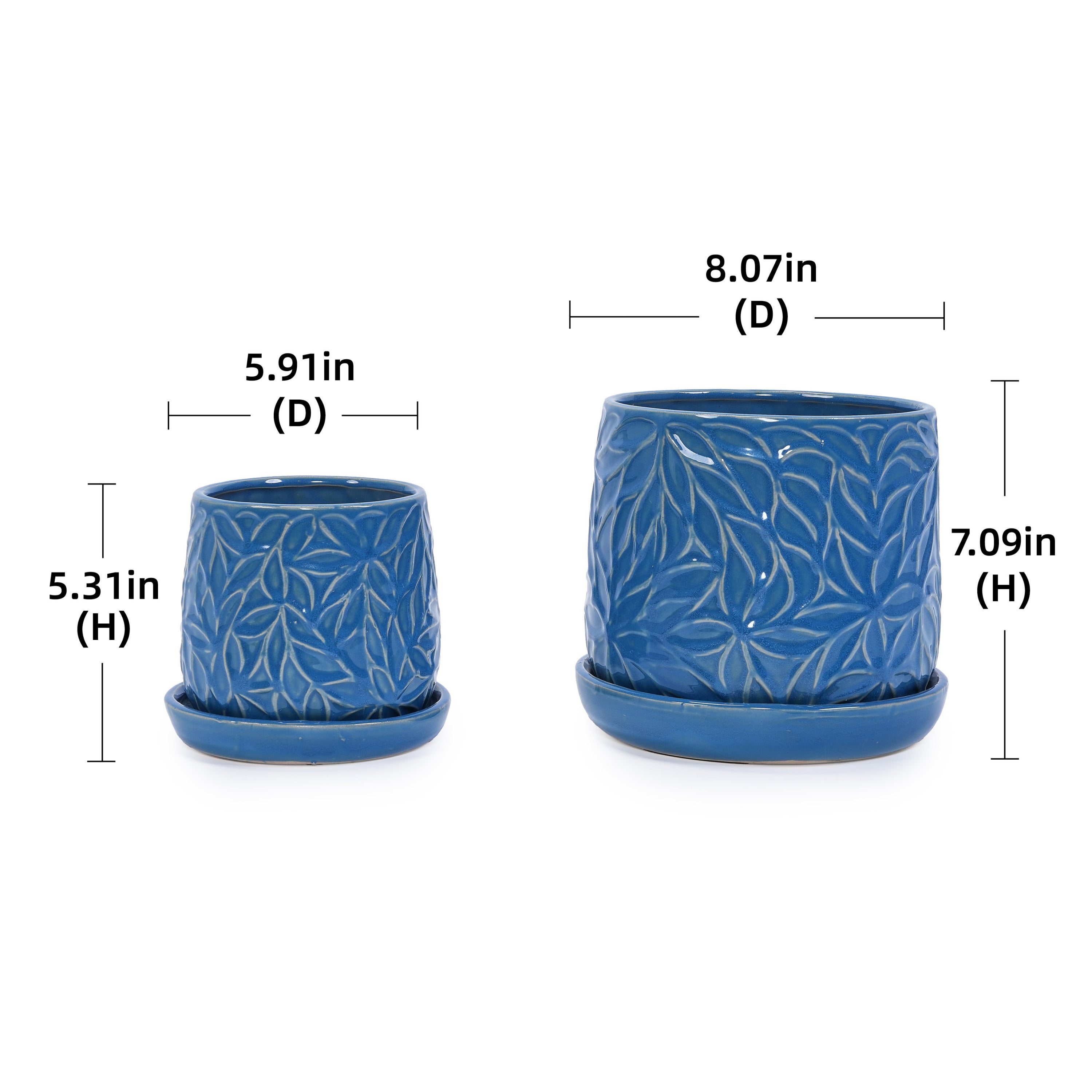 Set of 2 Embossed Ceramic Flowerpots - Blue