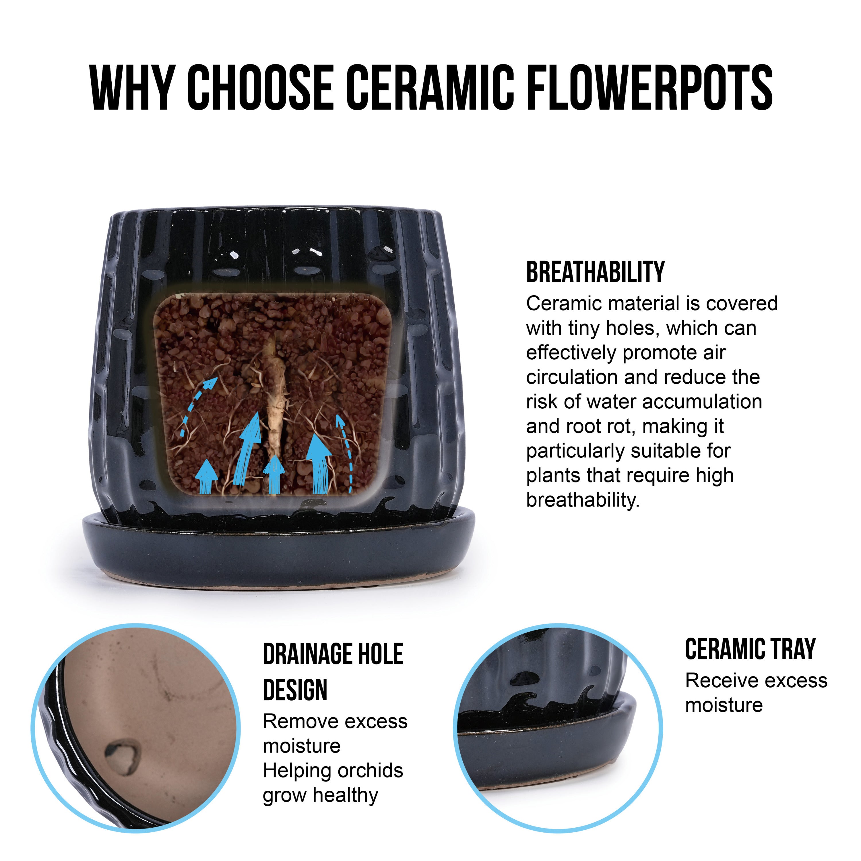 Set of 2 Patterned Ceramic Flowerpots - Black
