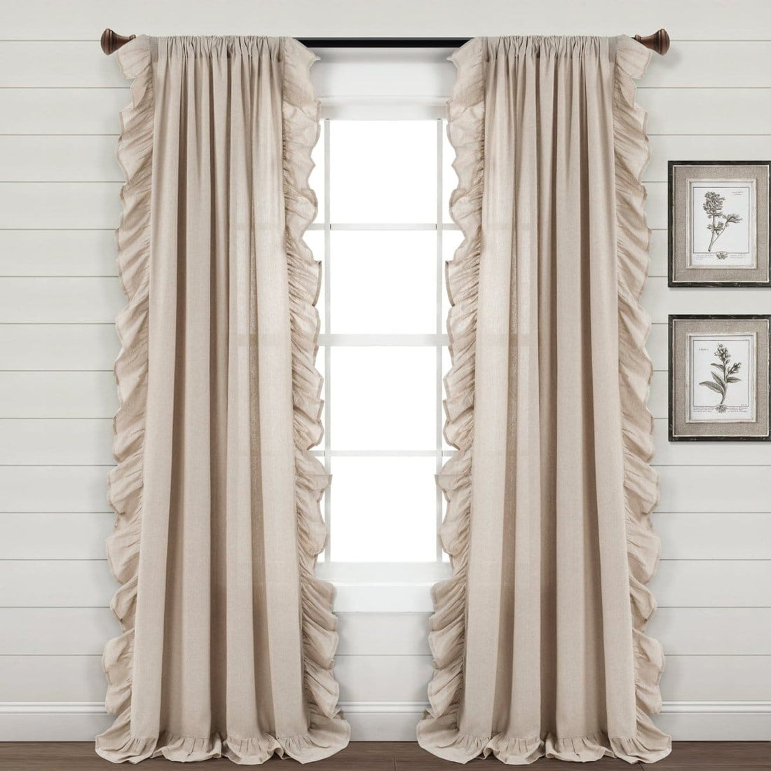 Faux Linen Ruffle Window Curtain Panels