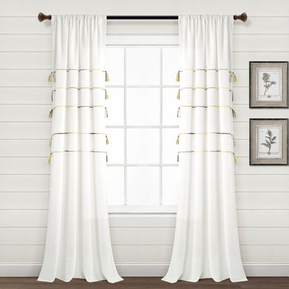 Farmhouse Boho Stripe Woven Tassel Yarn Dyed Recycled Cotton Blend Window Curtain Panel Sets