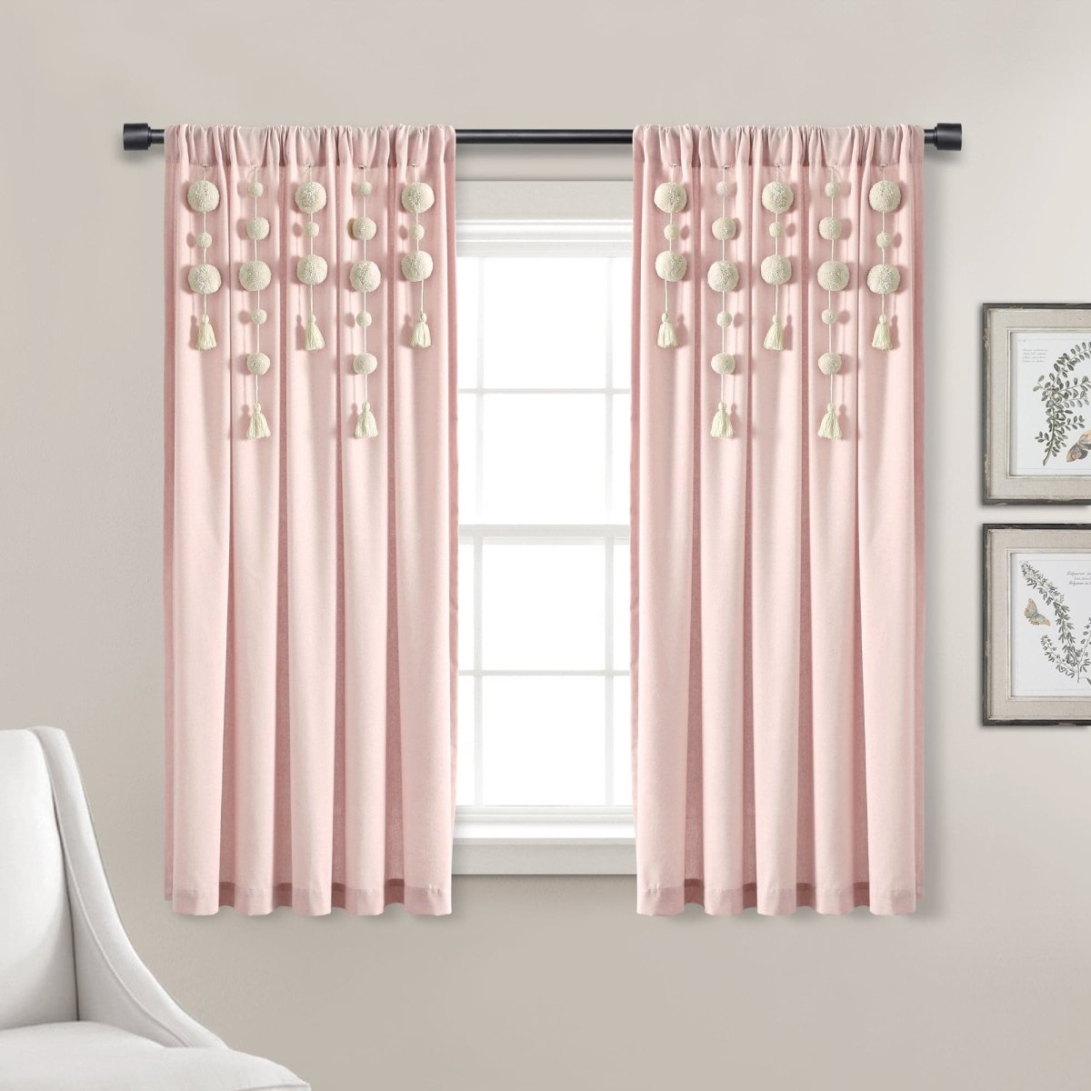 Boho Pom Pom Tassel Faux Linen Window Curtain Panels