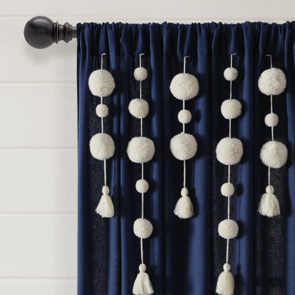 Boho Pom Pom Tassel Faux Linen Window Curtain Panels
