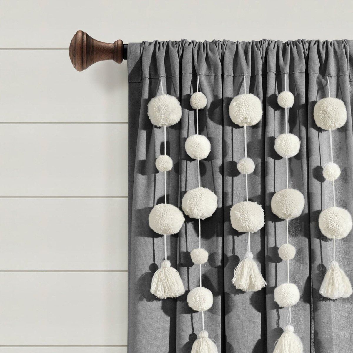 Boho Pom Pom Tassel Faux Linen Window Curtain Panels