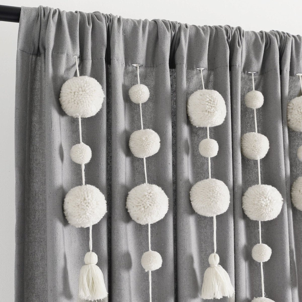 Boho Pom Pom Tassel Faux Linen Window Curtain Panels