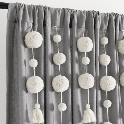Boho Pom Pom Tassel Faux Linen Window Curtain Panels