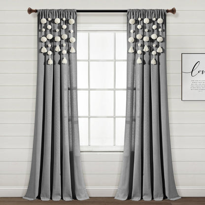 Boho Pom Pom Tassel Faux Linen Window Curtain Panels
