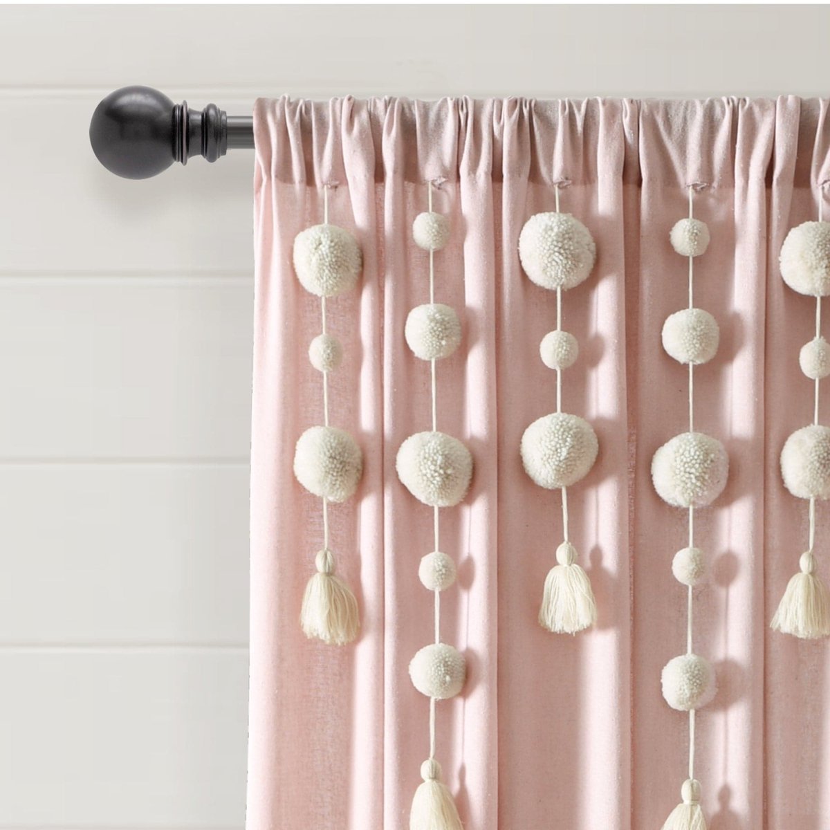 Boho Pom Pom Tassel Faux Linen Window Curtain Panels