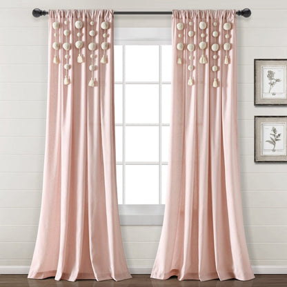 Boho Pom Pom Tassel Faux Linen Window Curtain Panels