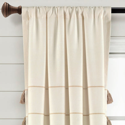 Farmhouse Boho Stripe Woven Tassel Yarn Dyed Recycled Cotton Blend Window Curtain Panel Sets