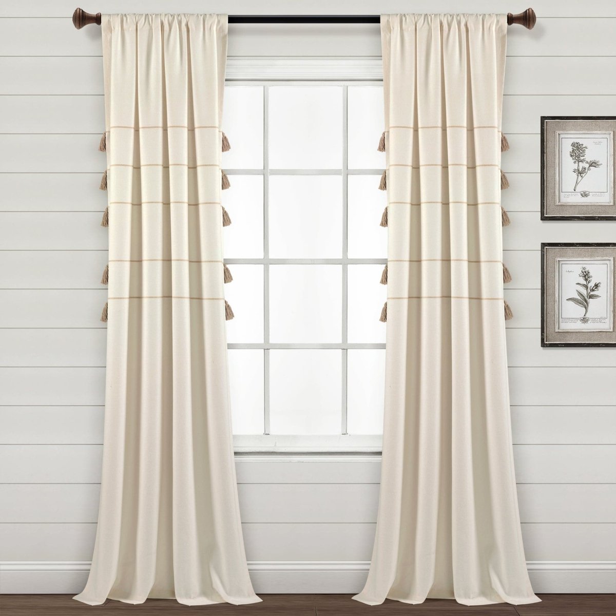 Farmhouse Boho Stripe Woven Tassel Yarn Dyed Recycled Cotton Blend Window Curtain Panel Sets