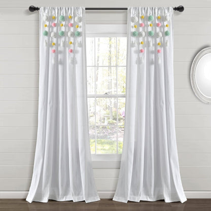 Boho Pom Pom Tassel Faux Linen Window Curtain Panels