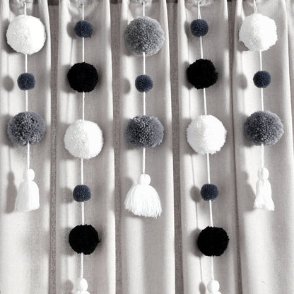 Boho Pom Pom Tassel Faux Linen Window Curtain Panels
